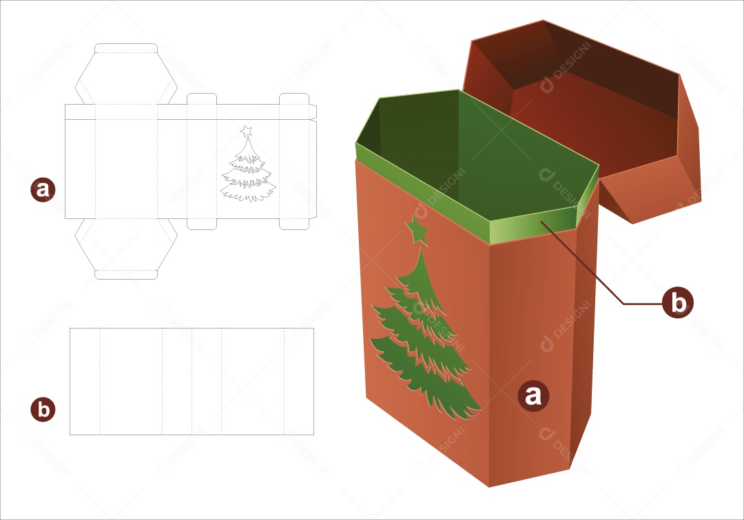 Caixa com Decoração Natalina Embalagem para Presentes de Natal Maquete 3D Vetor EPS