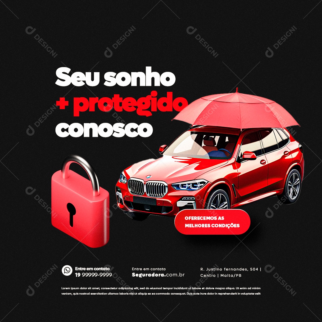 Seguro Proteção Veicular Seu Sonho Mais Protegido Conosco Social Media PSD Editável