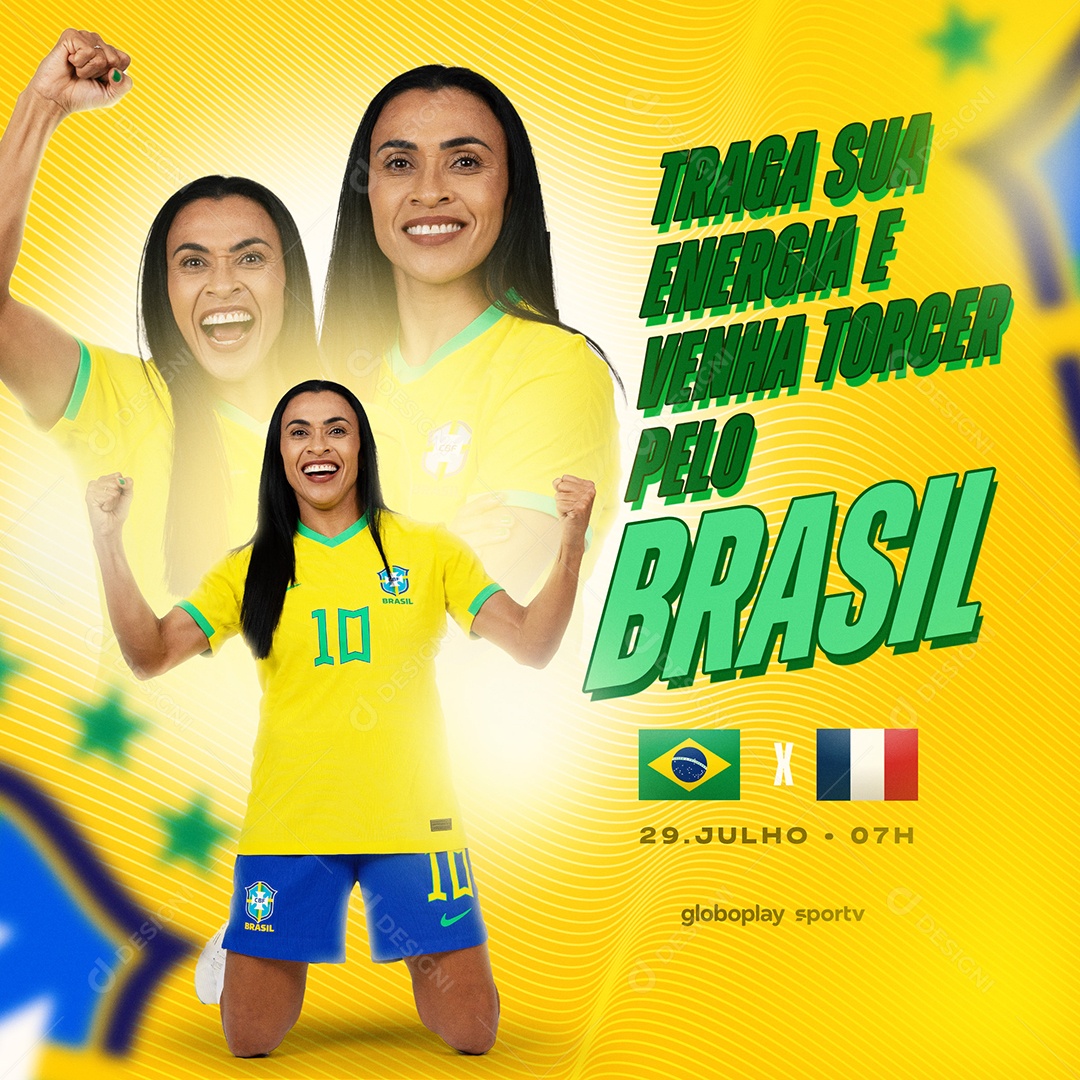 Social Media Traga Sua Energia e Venha Torcer Pelo Brasil Futebol Feminino PSD Editável