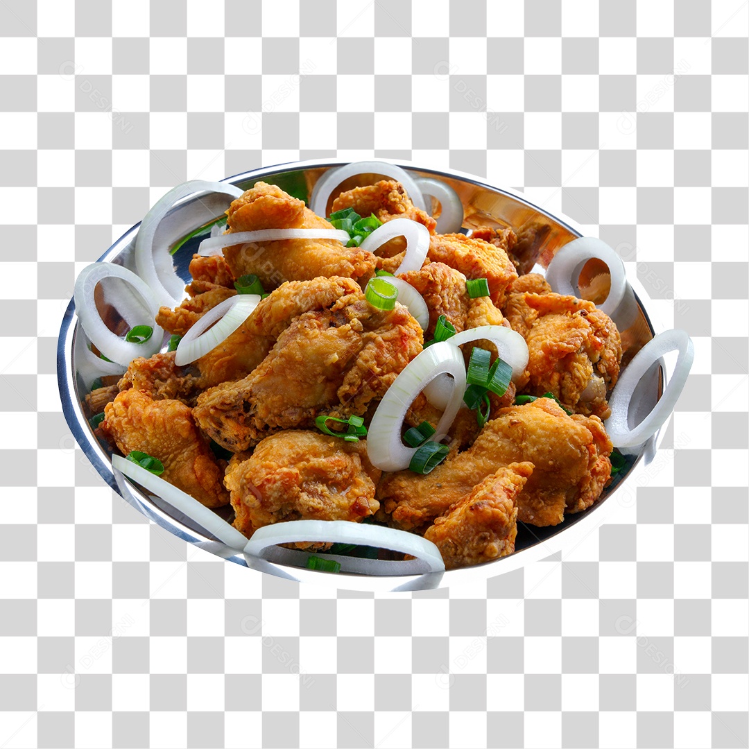 Vasilha de Alumínio com Frango Frito e Cebolas PNG Transparente