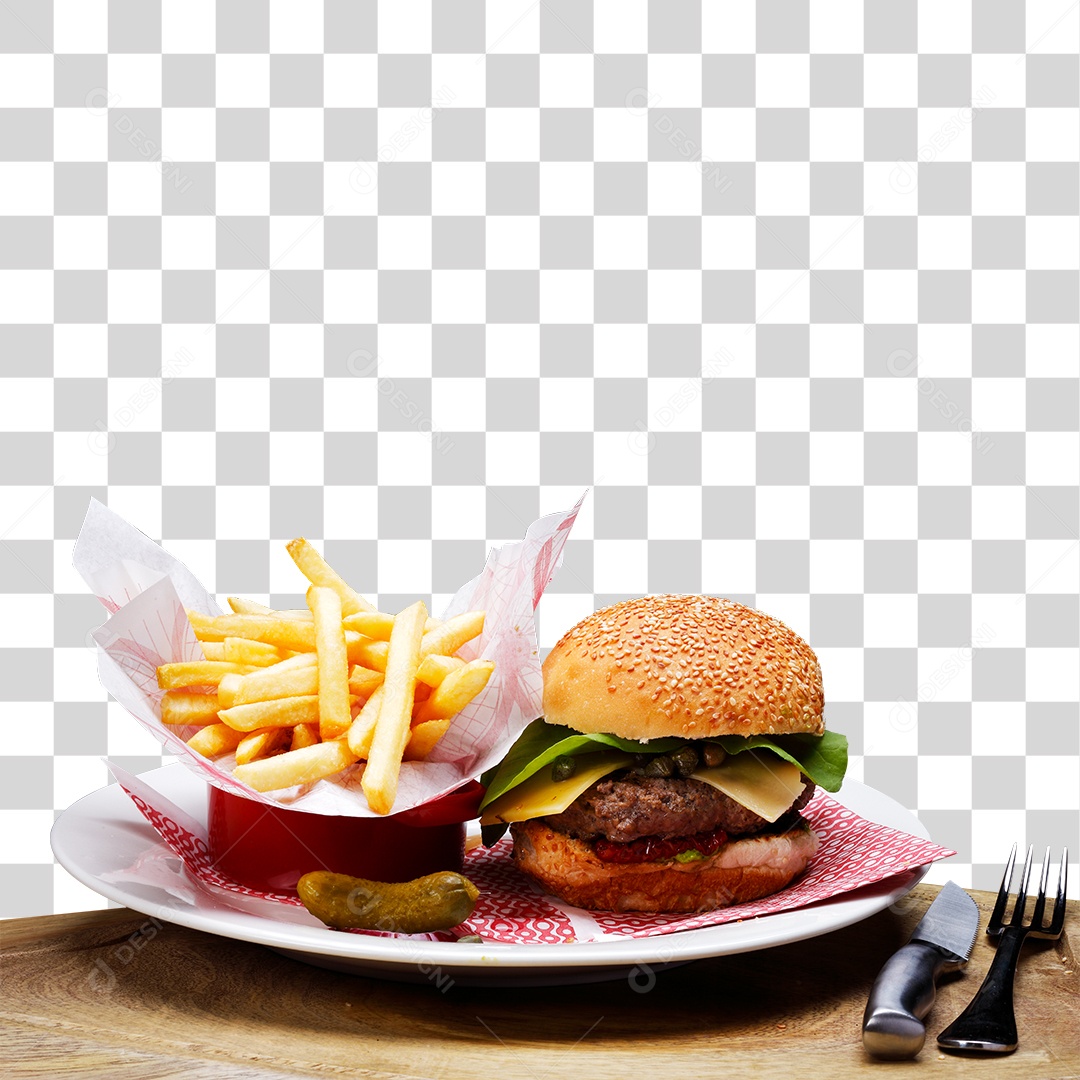 Prato com Hamburguer e Batatas PNG Transparente