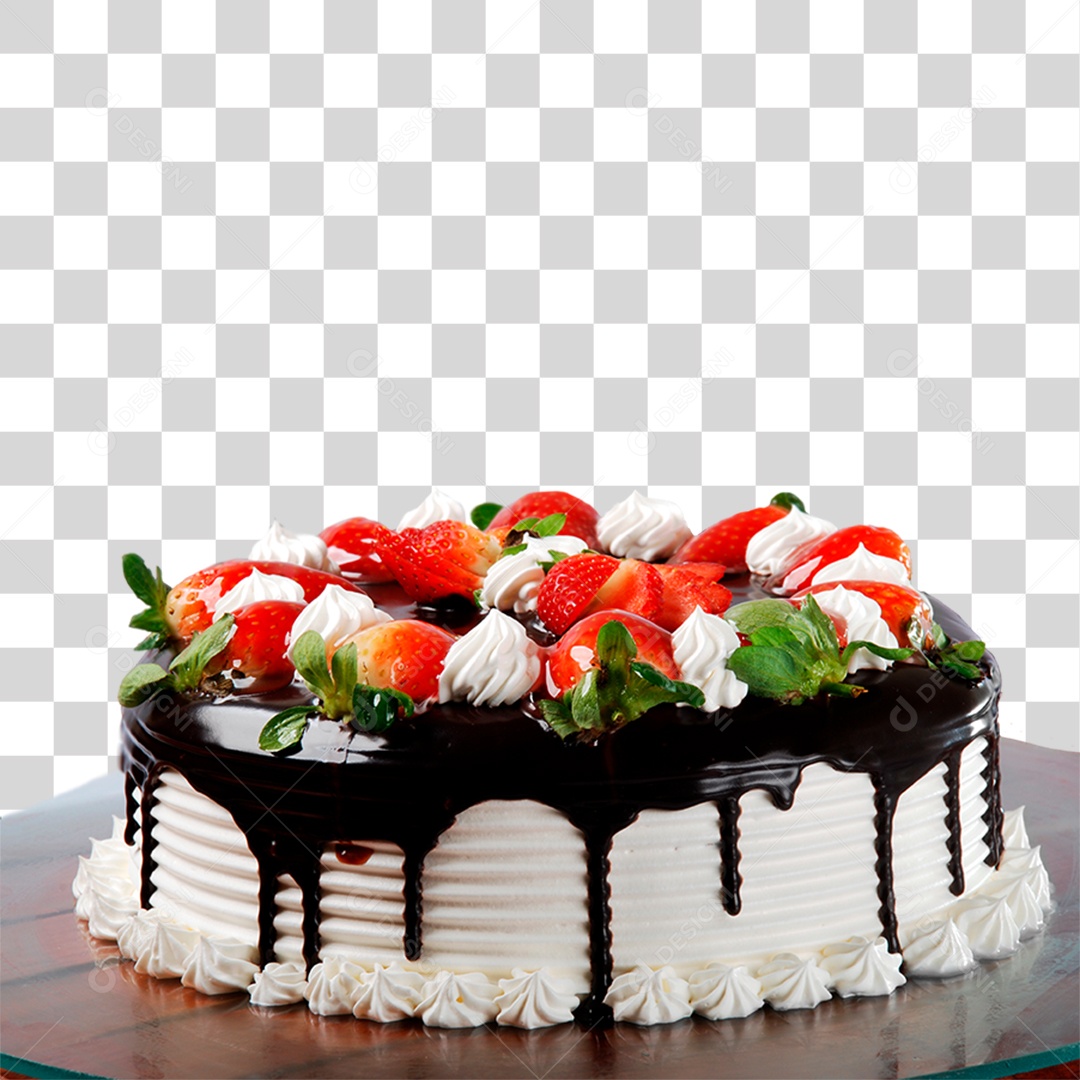 Bolo com Cobertura de Chocolate e Morangos PNG Transparente