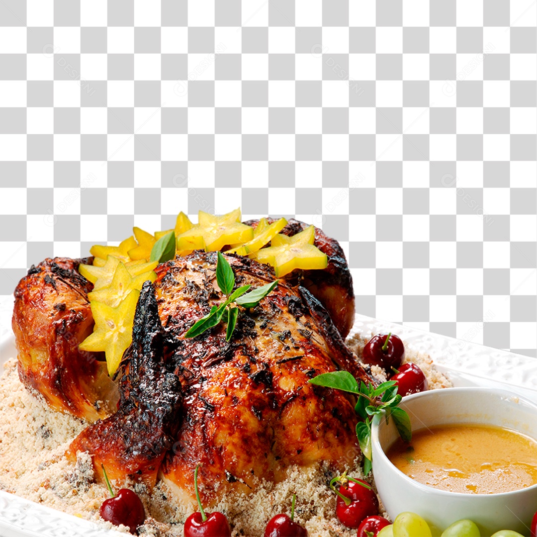 Frango Assado Servido com Molho e Farofa PNG Transparente