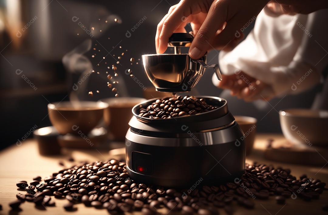 Máquina de café sobre uma mesa de madeira