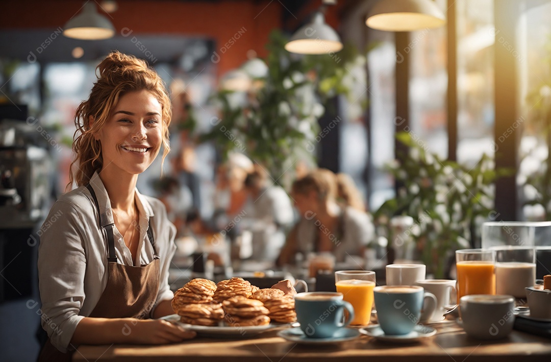Linda mulher empresária sobre restaurante
