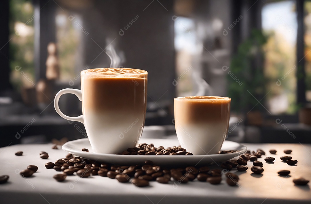 Xícaras de café sobre uma mesa branca