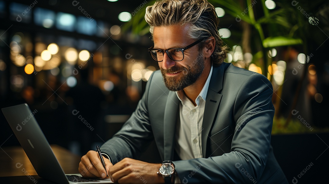 Empresário de sucesso cuidando de negócios usando notebook