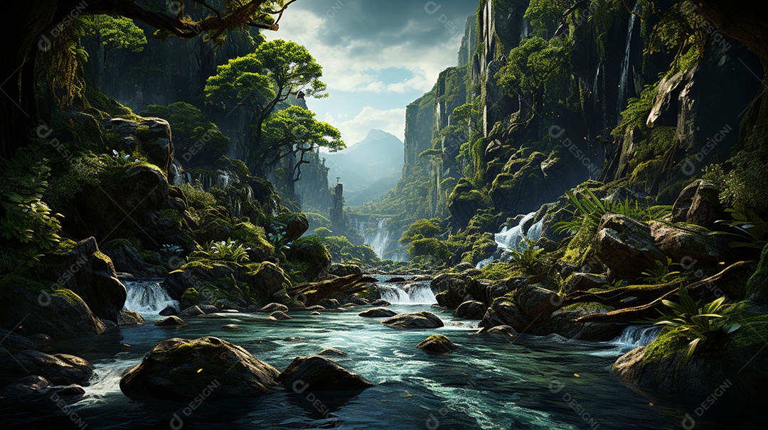 Uma cascata em cascata escondida nas profundezas de um sol exuberante