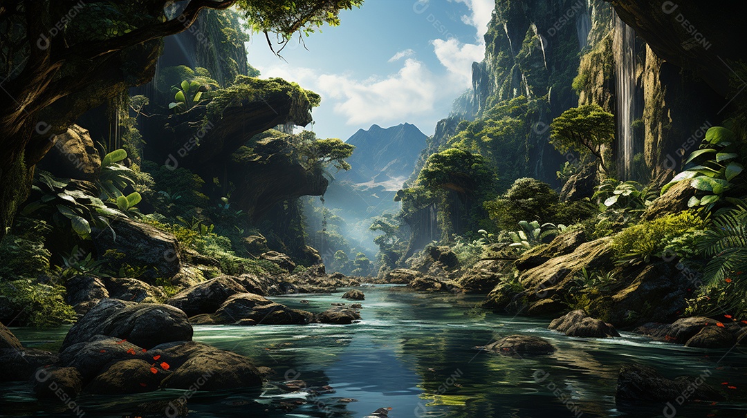 Uma cascata em cascata escondida nas profundezas de um sol exuberante