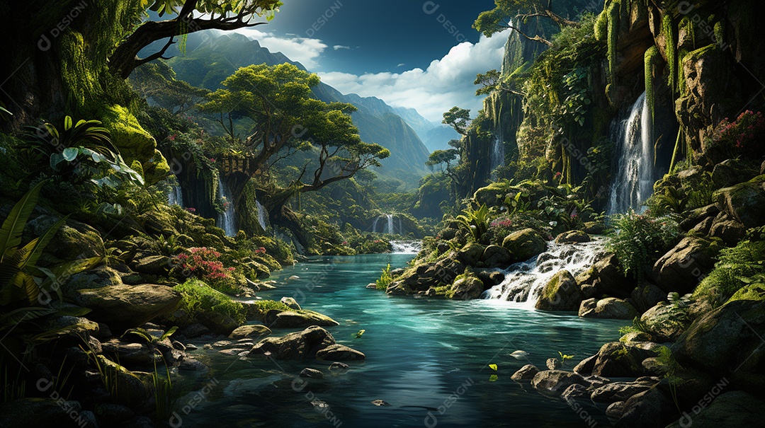 Uma cascata em cascata escondida nas profundezas de um sol exuberante