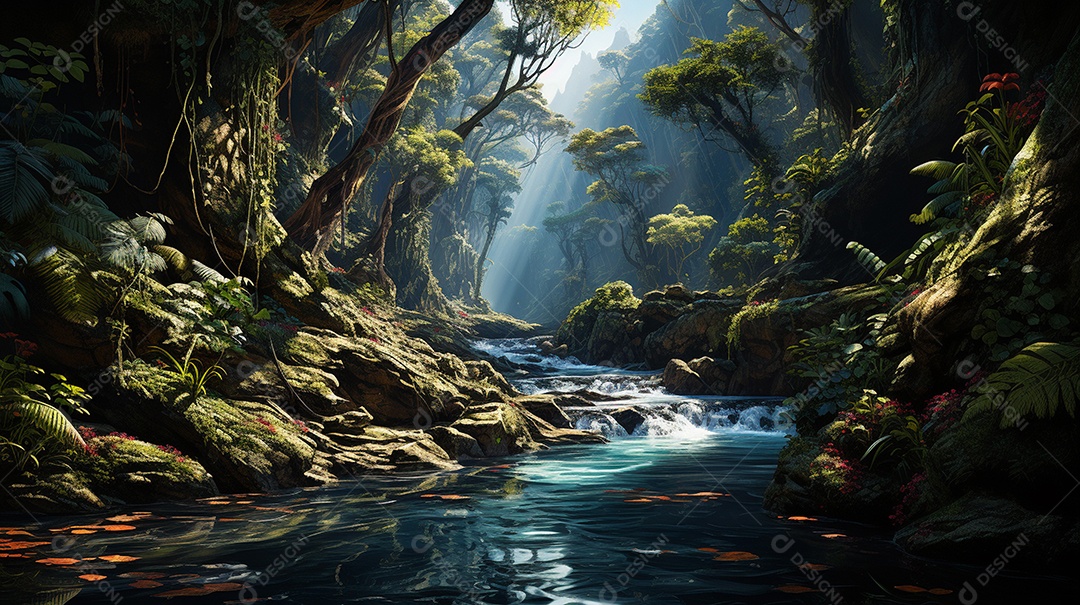 Uma cascata em cascata escondida nas profundezas de um sol exuberante