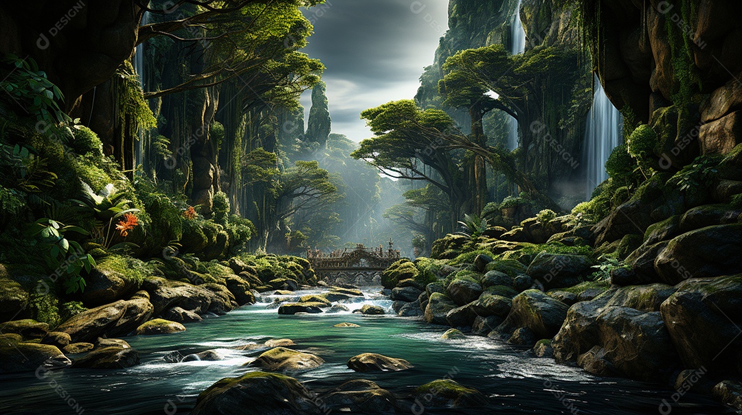 Uma cascata em cascata escondida nas profundezas de um sol exuberante