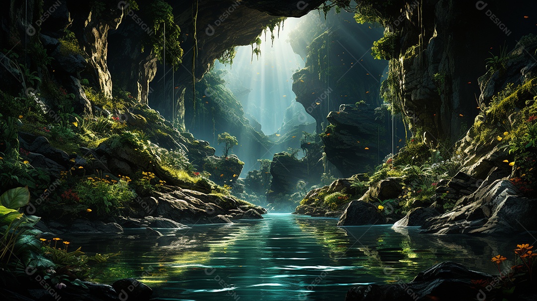 Uma cascata em cascata escondida nas profundezas de um sol exuberante