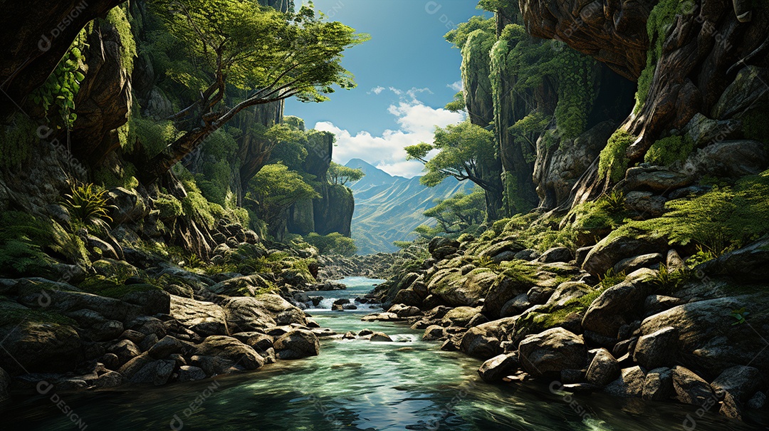 Uma cascata em cascata escondida nas profundezas de um sol exuberante