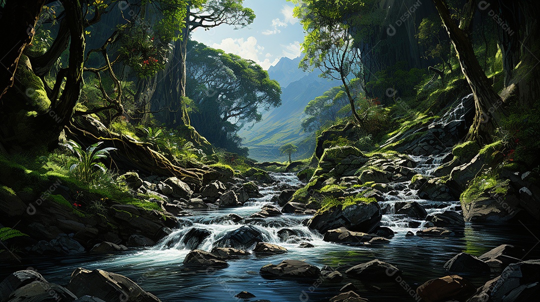 Uma cascata em cascata escondida nas profundezas de um sol exuberante