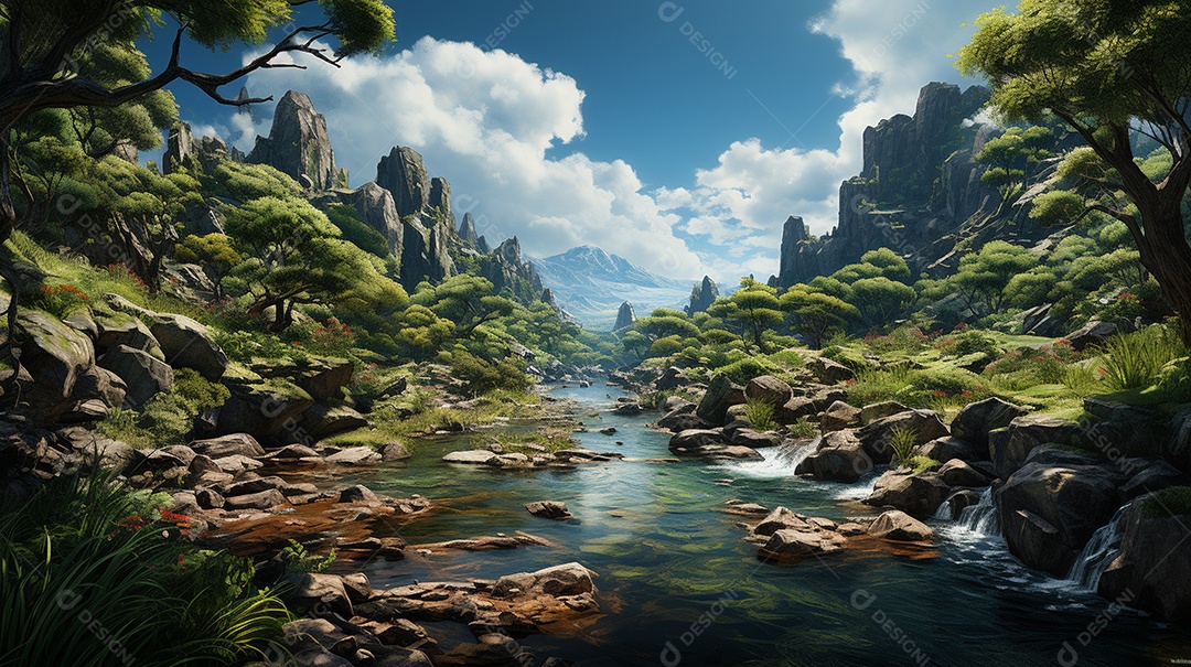 Uma cascata em cascata escondida nas profundezas de um sol exuberante