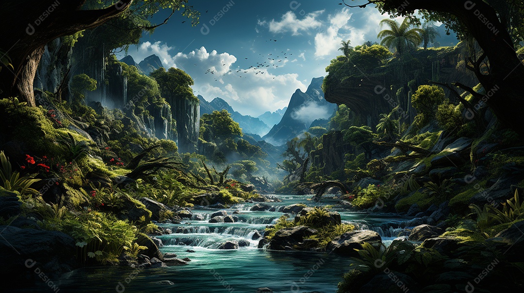 Uma cascata em cascata escondida nas profundezas de um sol exuberante