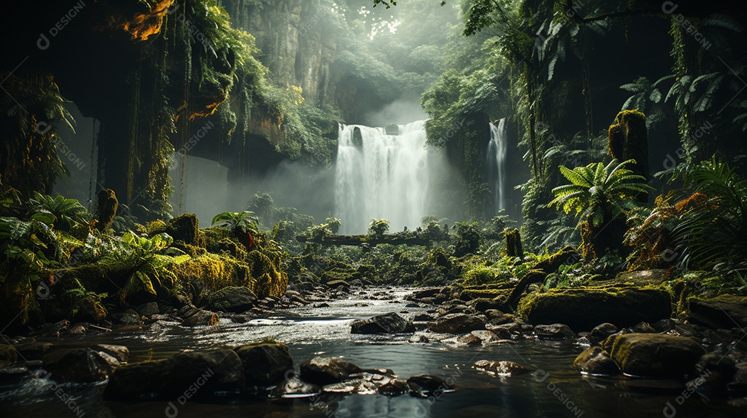 Uma cascata em cascata escondida nas profundezas de um sol exuberante