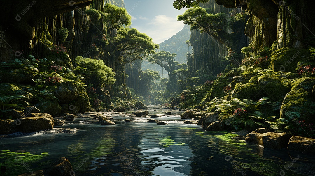 Uma cascata em cascata escondida nas profundezas de um sol exuberante