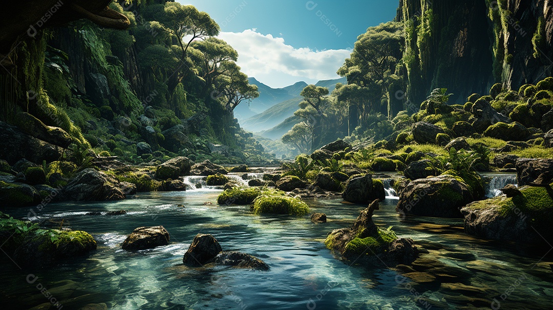 Uma cascata em cascata escondida nas profundezas de um sol exuberante