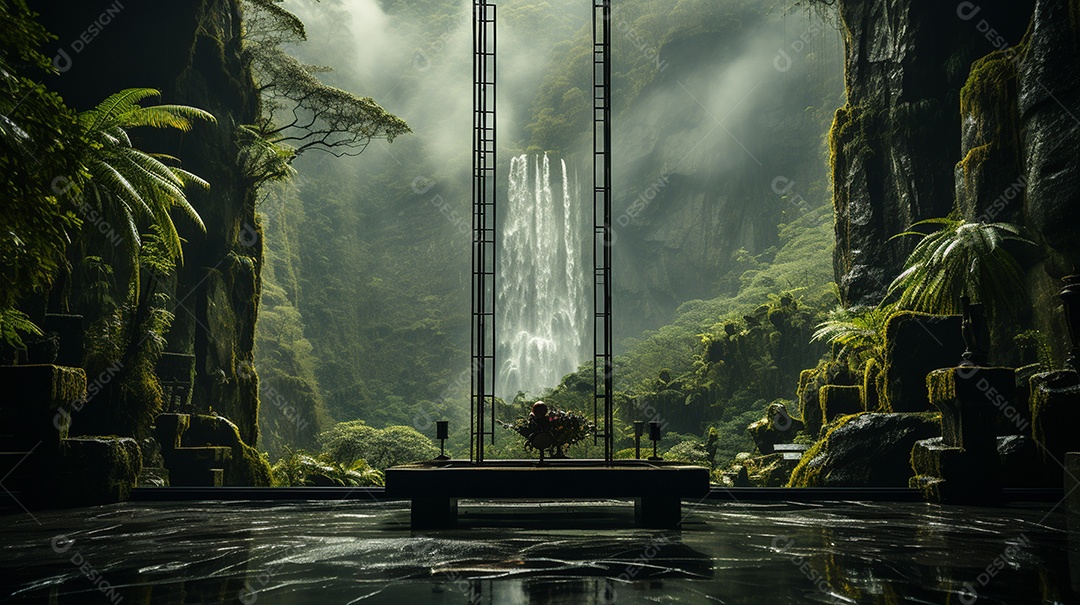 Uma cascata em cascata escondida nas profundezas de um sol exuberante