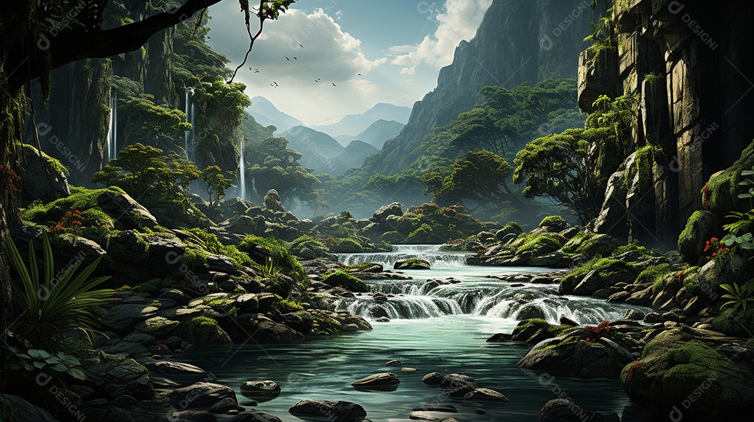 Uma cascata em cascata escondida nas profundezas de um sol exuberante