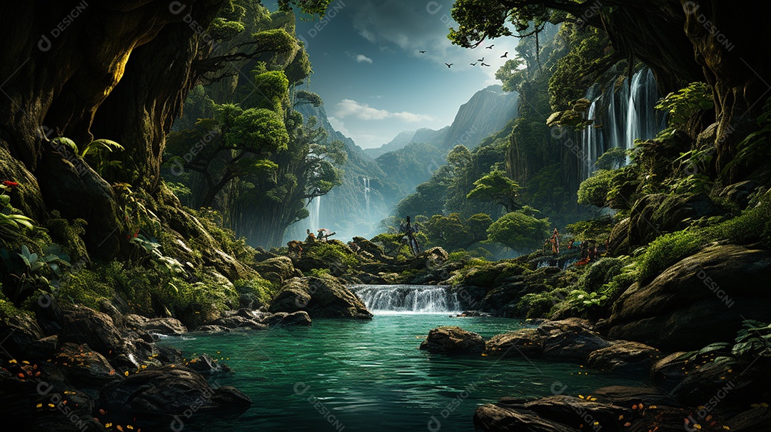 Uma cascata em cascata escondida nas profundezas de um sol exuberante