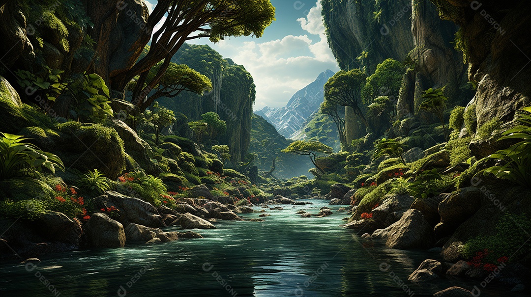 Uma cascata em cascata escondida nas profundezas de um sol exuberante