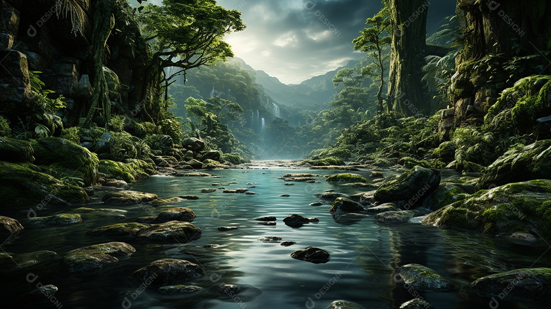 Uma cascata em cascata escondida nas profundezas de um sol exuberante