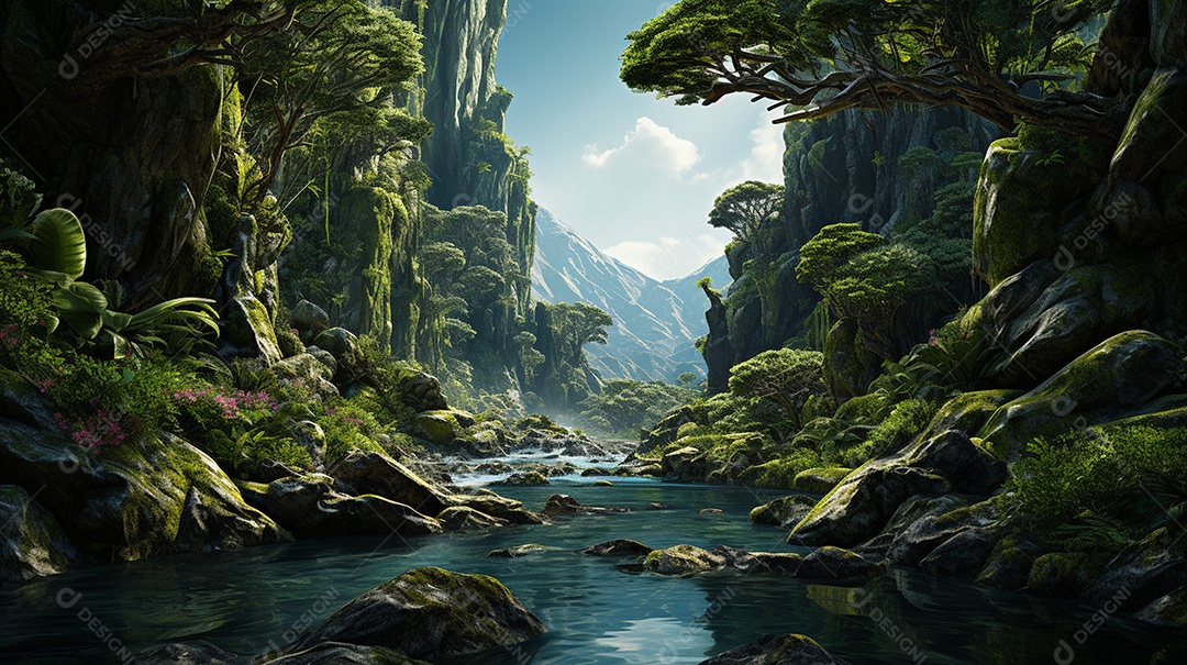 Uma cascata em cascata escondida nas profundezas de um sol exuberante