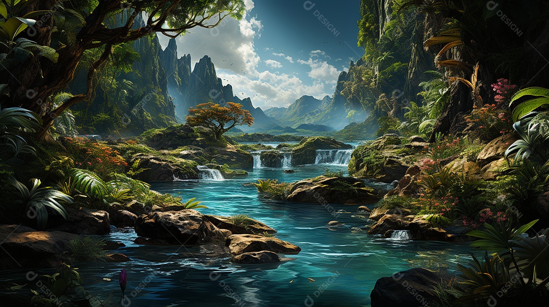 Uma cascata em cascata escondida nas profundezas de um sol exuberante