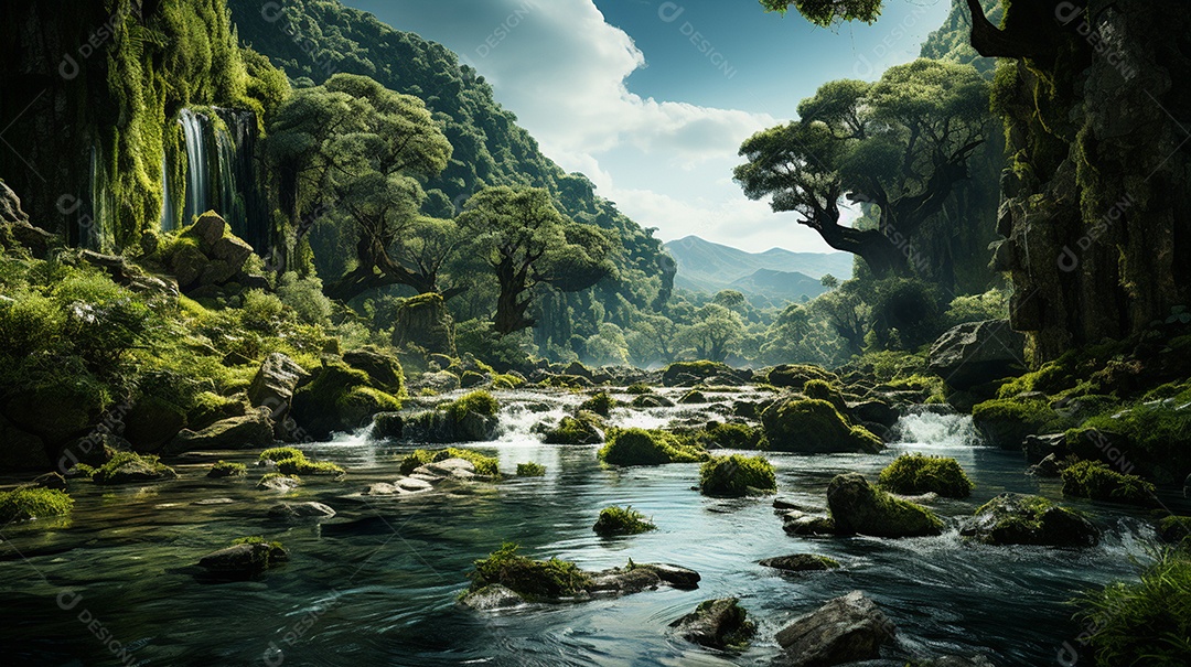 Uma cascata em cascata escondida nas profundezas de um sol exuberante