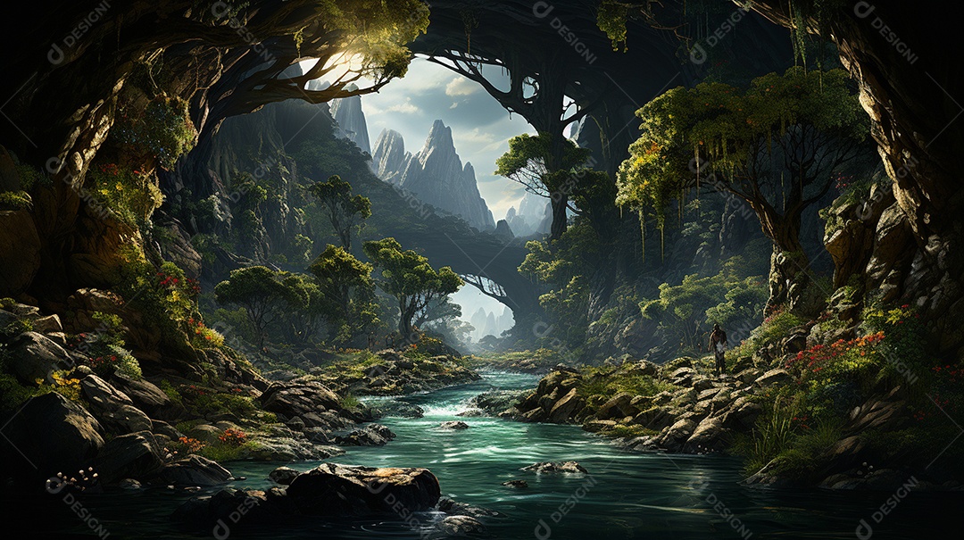 Uma cascata em cascata escondida nas profundezas de um sol exuberante