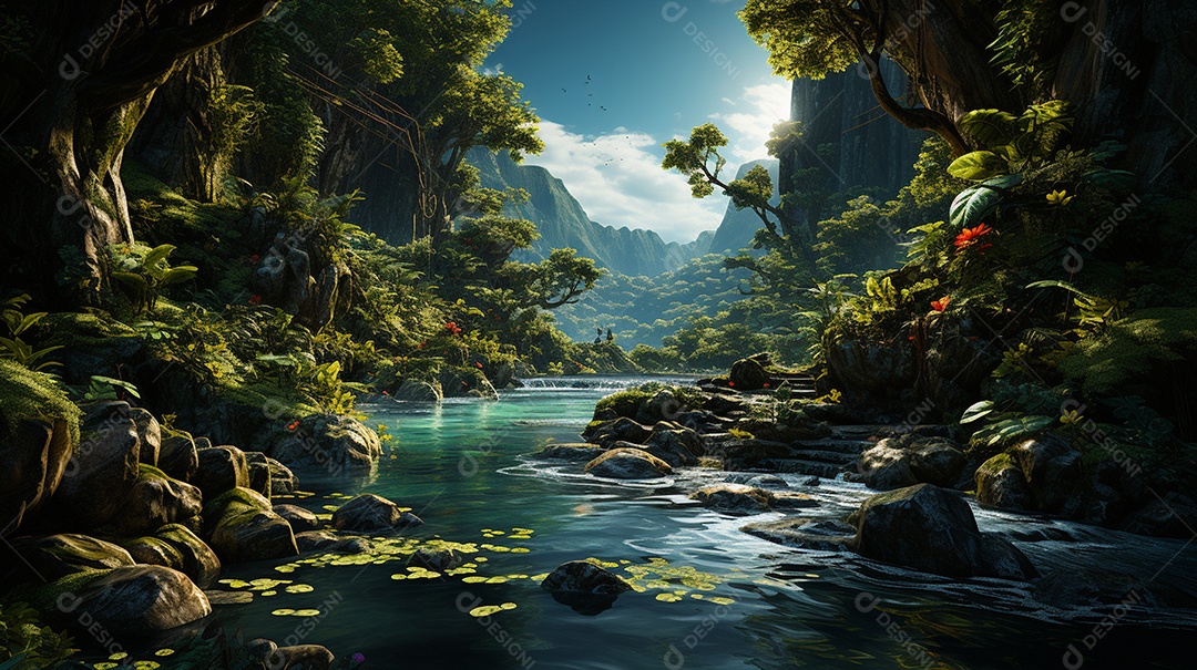 Uma cascata em cascata escondida nas profundezas de um sol exuberante