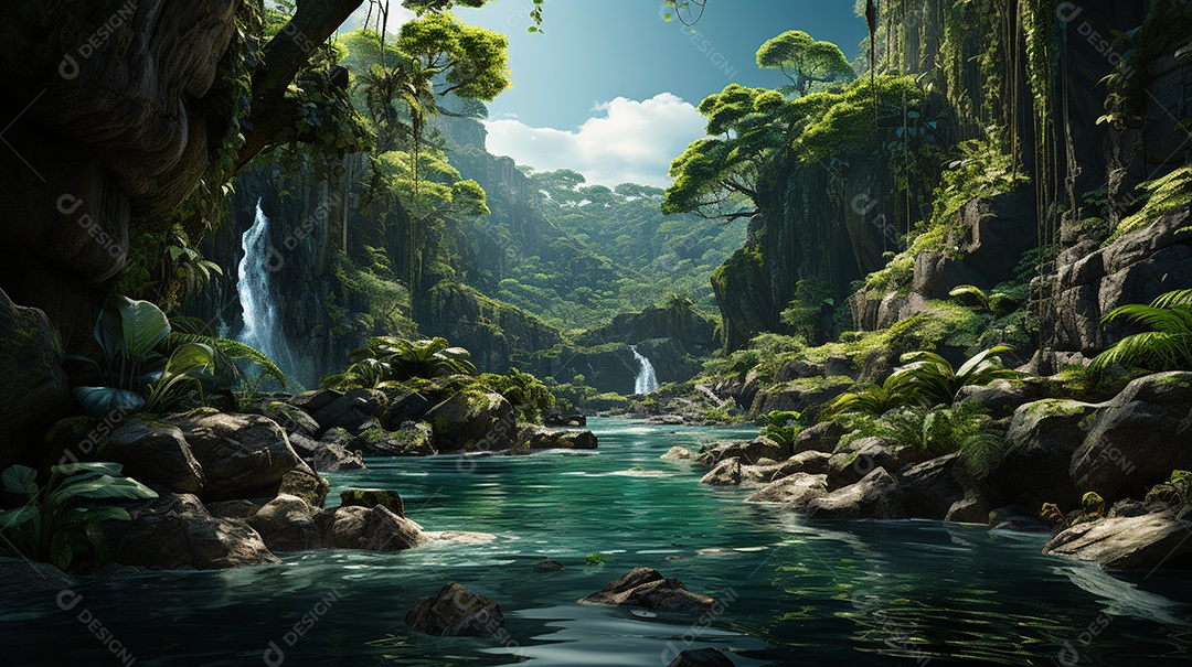 Uma cascata em cascata escondida nas profundezas de um sol exuberante