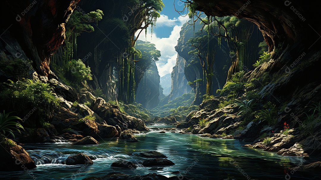 Uma cascata em cascata escondida nas profundezas de um sol exuberante