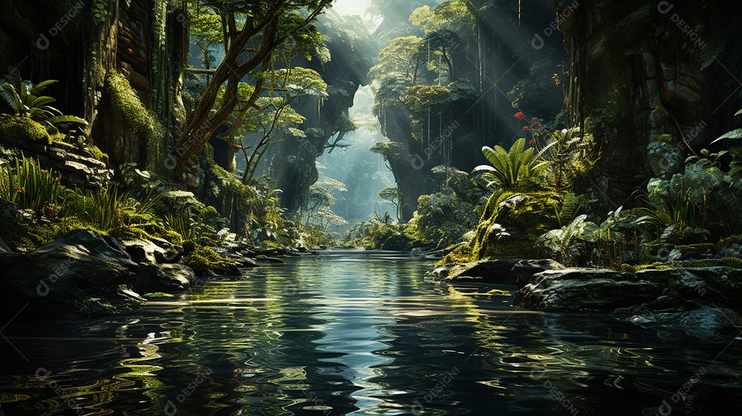 Uma cascata em cascata escondida nas profundezas de um sol exuberante