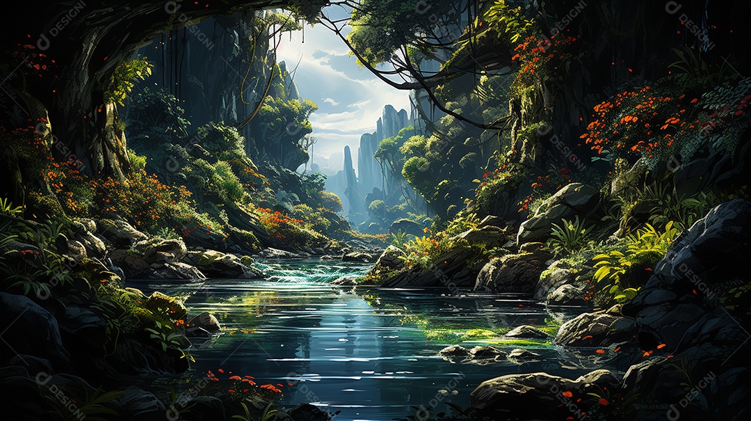 Uma cascata em cascata escondida nas profundezas de um sol exuberante