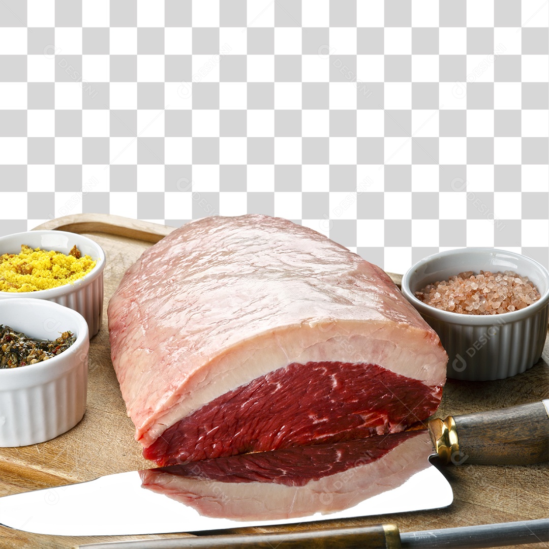 Peça de Picanha em Mesa com Farofas e uma Faca PNG Transparente