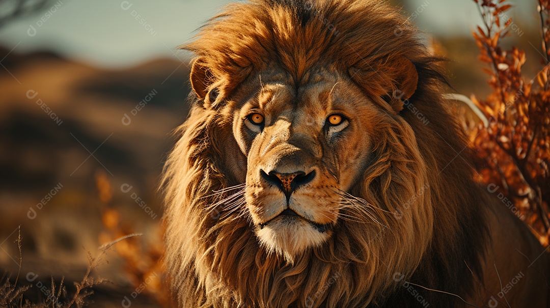 Um leão majestoso com sua juba seguindo ao vento