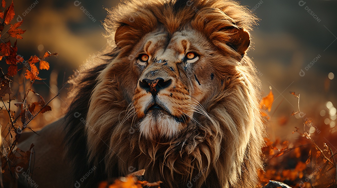 Um leão majestoso com sua juba seguindo ao vento