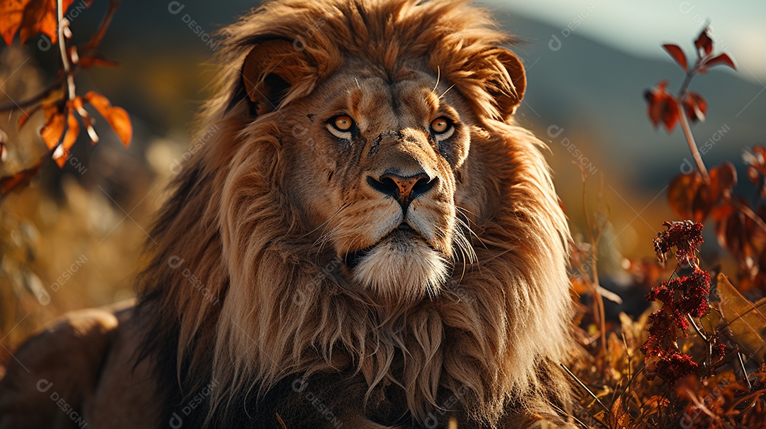 Um leão majestoso com sua juba seguindo ao vento