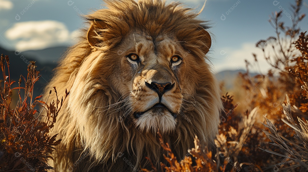 Um leão majestoso com sua juba seguindo ao vento