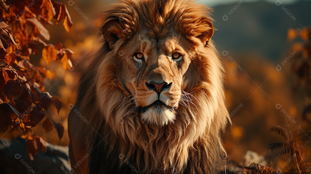 Um leão majestoso com sua juba seguindo ao vento