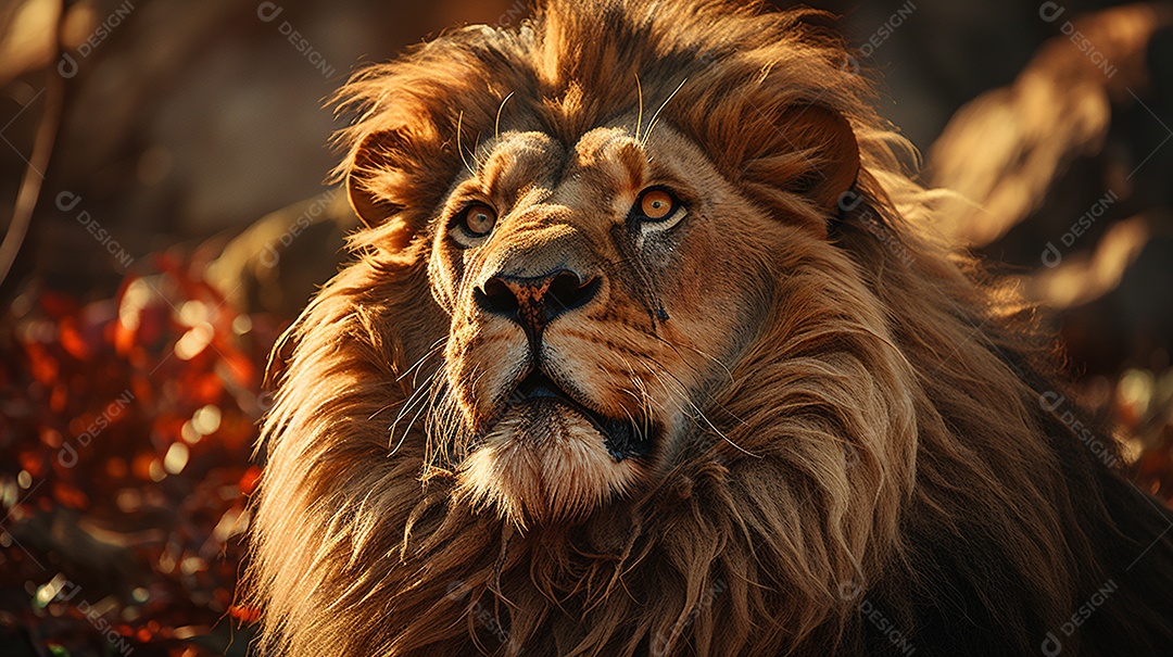 Um leão majestoso com sua juba seguindo ao vento