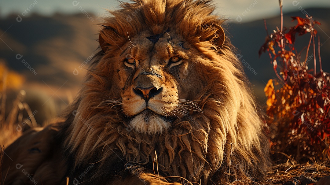 Um leão majestoso com sua juba seguindo ao vento