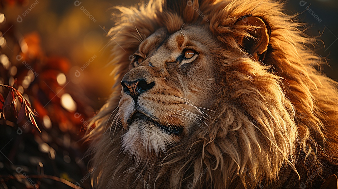 Um leão majestoso com sua juba seguindo ao vento