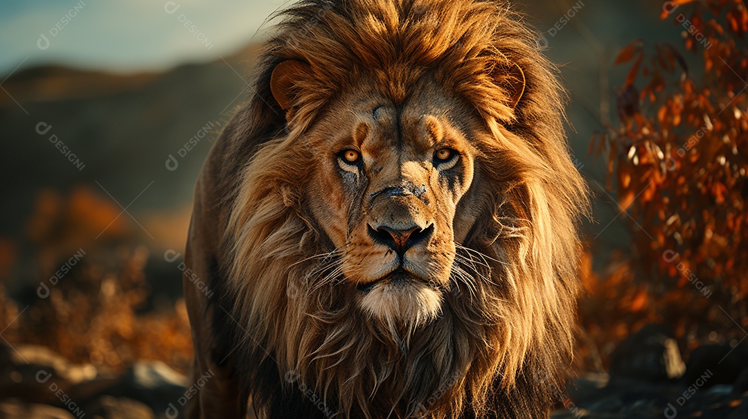 Um leão majestoso com sua juba seguindo ao vento