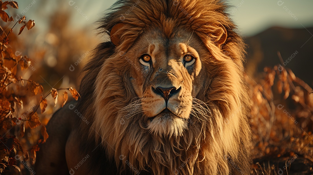 Um leão majestoso com sua juba seguindo ao vento