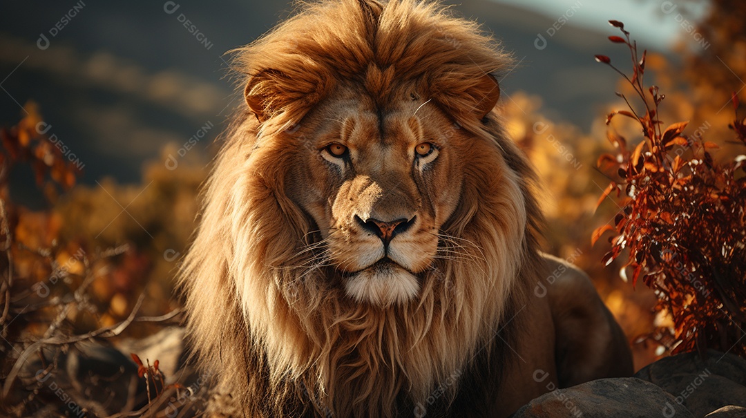 Um leão majestoso com sua juba seguindo ao vento